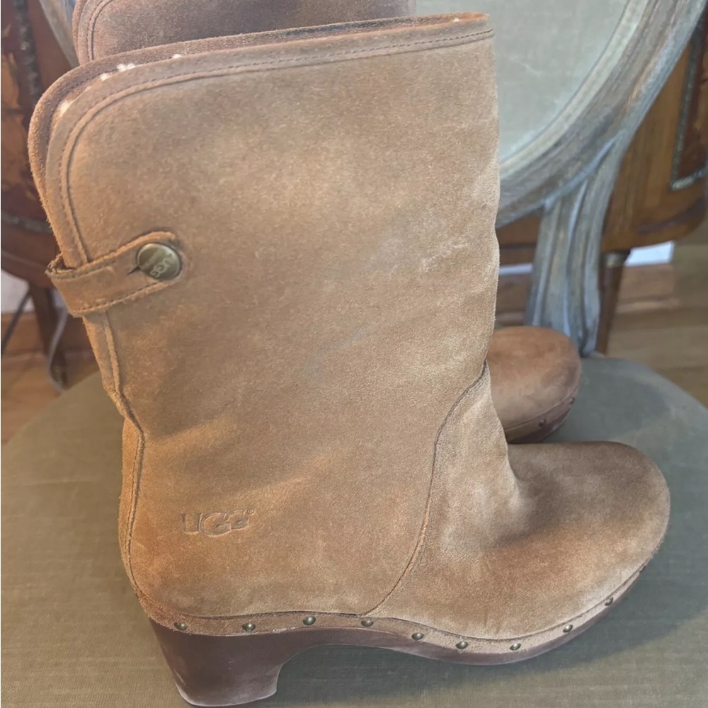 UGG Chestnut Suede Studded Wedge Clog Boots